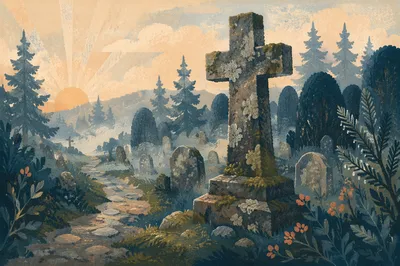Stone Cross in Misty Evergreen Cemetery