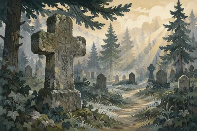 Weathered Stone Cross in Evergreen Cemetery