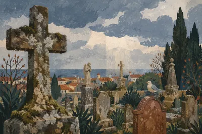 Weathered Stone Cross in Evergreen Cemetery