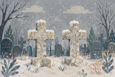 Snow-Dusted Stone Crosses in Rural Cemetery