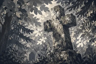 Weathered Stone Cross Beneath Evergreen Canopy