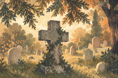 Weathered Stone Cross Beneath Evergreen Canopy