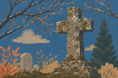 Weathered Stone Cross Beneath Evergreen Sky