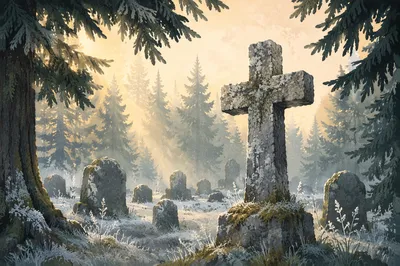 Weathered Stone Cross in Evergreen Cemetery