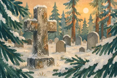 Snow-Dusted Stone Cross in Evergreen Cemetery