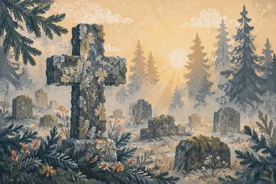 Weathered Stone Cross in Misty Evergreen Cemetery