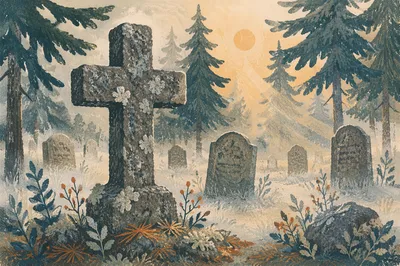 Weathered Stone Cross Among Evergreen Pines