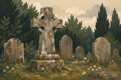 Weathered Stone Cross in Evergreen Cemetery