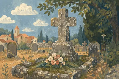 Weathered Stone Cross in Evergreen Cemetery