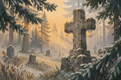 Weathered Stone Cross Among Frosted Evergreens