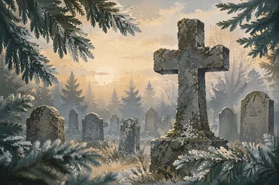 Weathered Stone Cross in Winter Cemetery