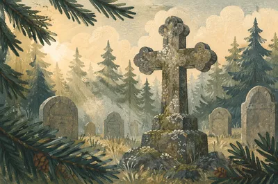 Weathered Stone Cross Among Evergreen Pines