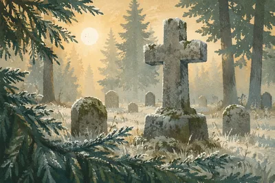 Weathered Stone Cross Among Evergreen Graves