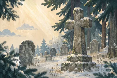 Weathered Stone Cross Beneath Evergreens