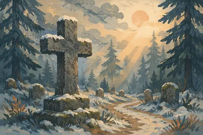 Weathered Stone Cross Among Winter Evergreens