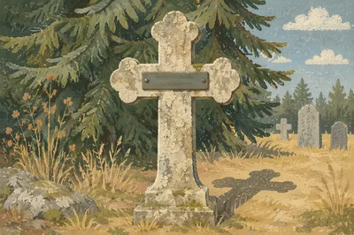 Weathered Stone Cross in Evergreen Cemetery