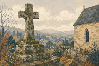 Weathered Stone Cross in Evergreen Churchyard