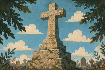 Weathered Stone Cross Beneath Evergreen Branches