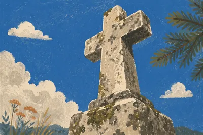 Weathered Stone Cross Beneath Evergreen Sky