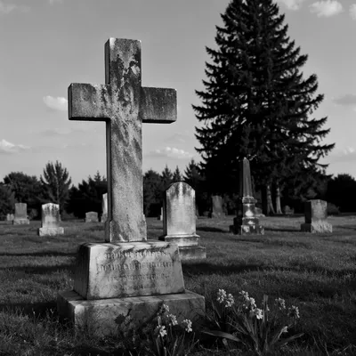Weathered Stone Cross in Rural Cemetery