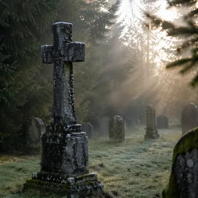 Weathered Stone Cross in Evergreen Cemetery