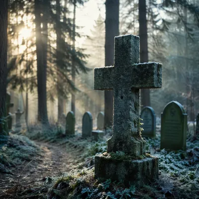 Weathered Stone Cross in Evergreen Cemetery