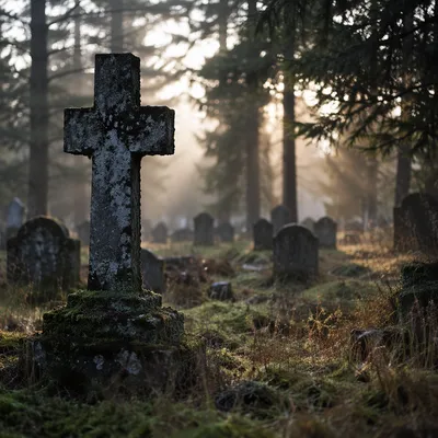 Weathered Stone Cross in Misty Evergreen Cemetery