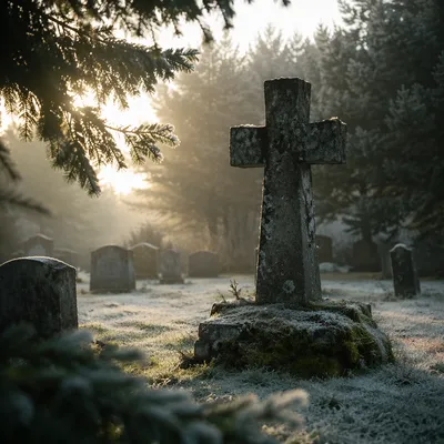 Weathered Stone Cross in Evergreen Cemetery
