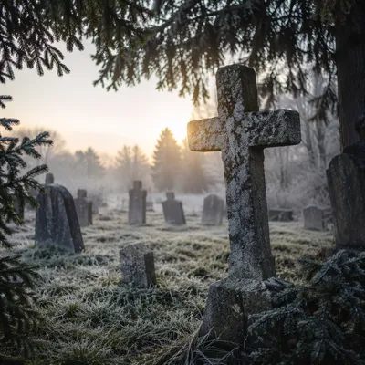 Weathered Stone Cross in Winter Cemetery