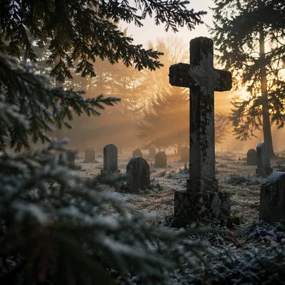 Weathered Stone Cross at Winter Dawn