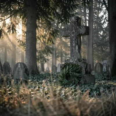Weathered Stone Cross in Evergreen Cemetery