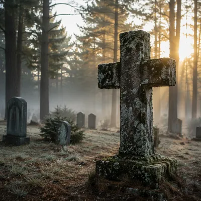 Weathered Stone Cross in Evergreen Cemetery