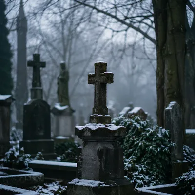 Weathered Stone Cross in Misty Cemetery