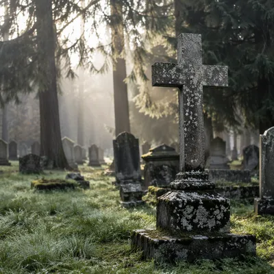 Weathered Stone Cross in Evergreen Cemetery