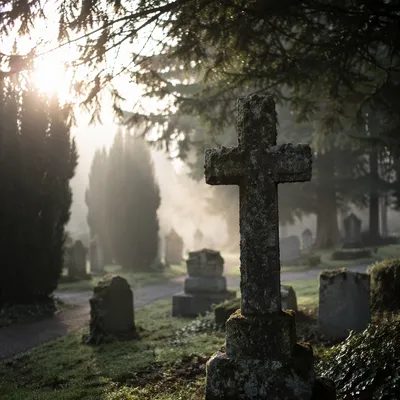 Weathered Stone Cross in Misty Evergreen Cemetery