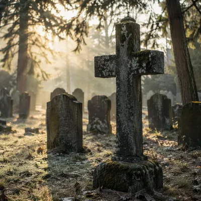 Stone Cross in Evergreen Cemetery Morning