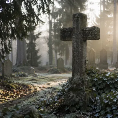 Weathered Stone Cross in Misty Cemetery