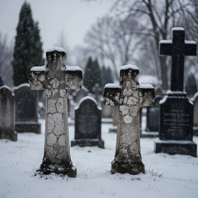 Snow-Dusted Stone Crosses in Old Cemetery