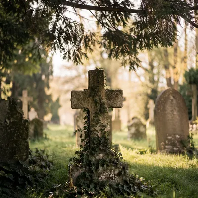 Weathered Stone Cross Beneath Evergreen Canopy