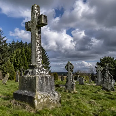 Weathered Stone Cross in Evergreen Cemetery