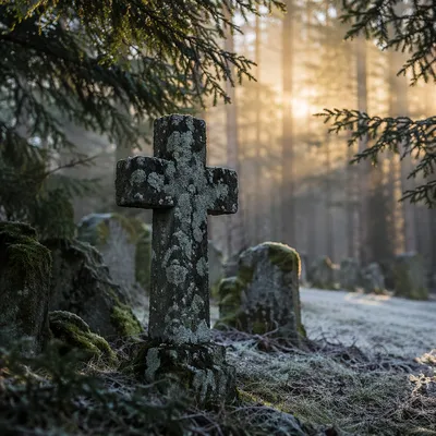 Weathered Stone Cross in Winter Cemetery