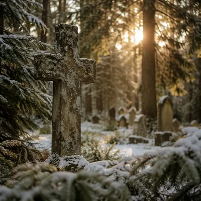 Weathered Stone Cross in Snowy Evergreen Cemetery