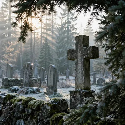 Weathered Stone Cross in Evergreen Cemetery