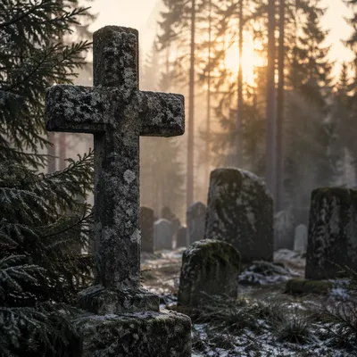 Weathered Stone Cross in Misty Evergreen Cemetery
