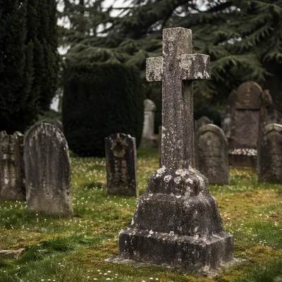 Weathered Stone Cross in Evergreen Cemetery