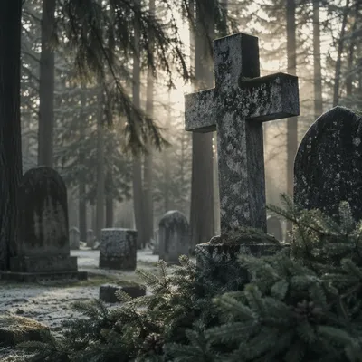 Weathered Stone Cross in Evergreen Cemetery