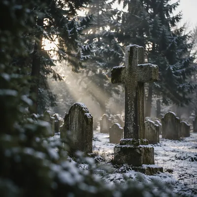 Weathered Stone Cross in Evergreen Cemetery