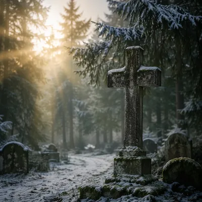 Weathered Stone Cross in Winter Cemetery