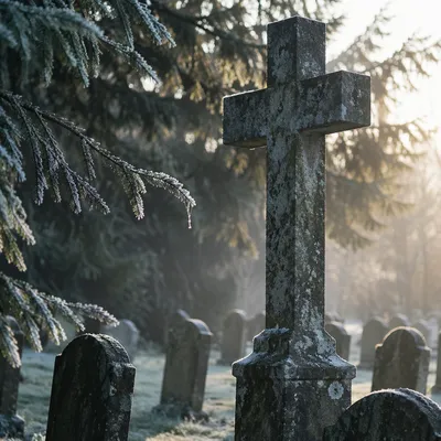 Weathered Stone Cross in Evergreen Cemetery
