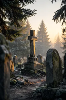 Weathered Stone Cross in Evergreen Cemetery